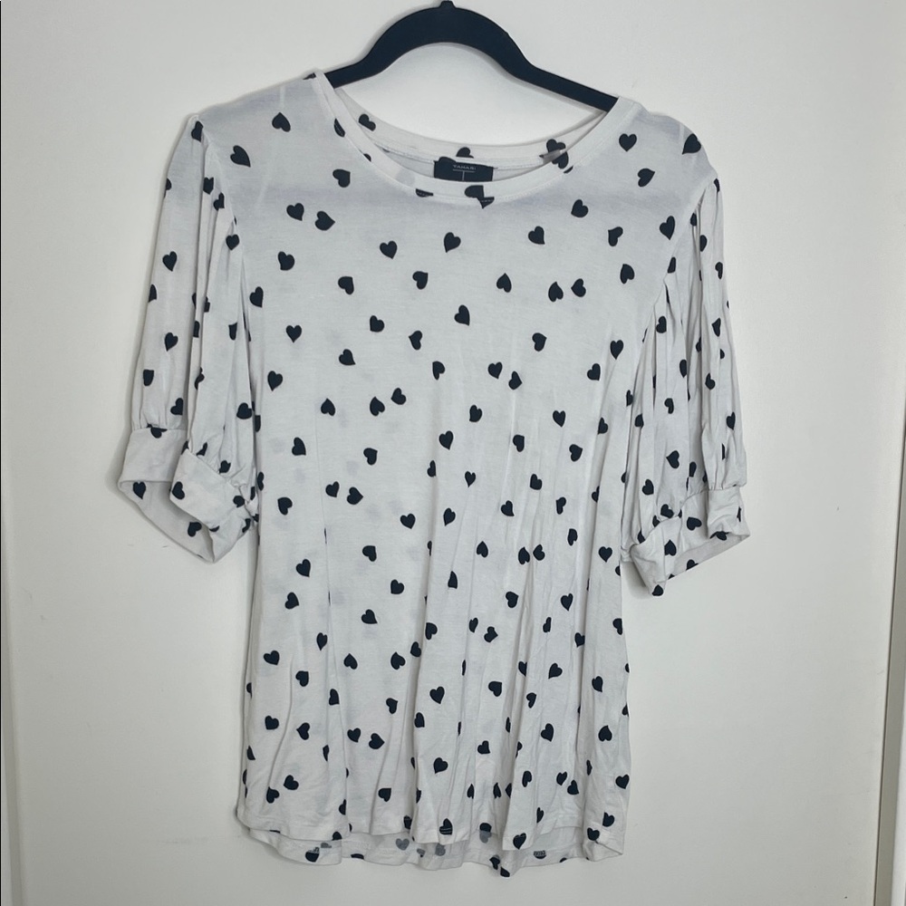 Tahari White Top with Black Heart Pattern